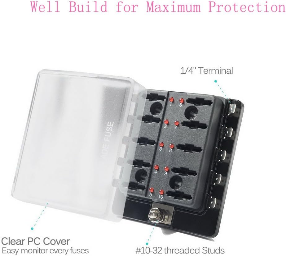 10-Way RV Fuse Block Blade Fuse Box dc Junction Box，Jtron LED Indicator Fuse Block for Blown Fuse Protection Cover 100 Amps for Automotive for Automotive Car Boat Marine Trike (10 Way)