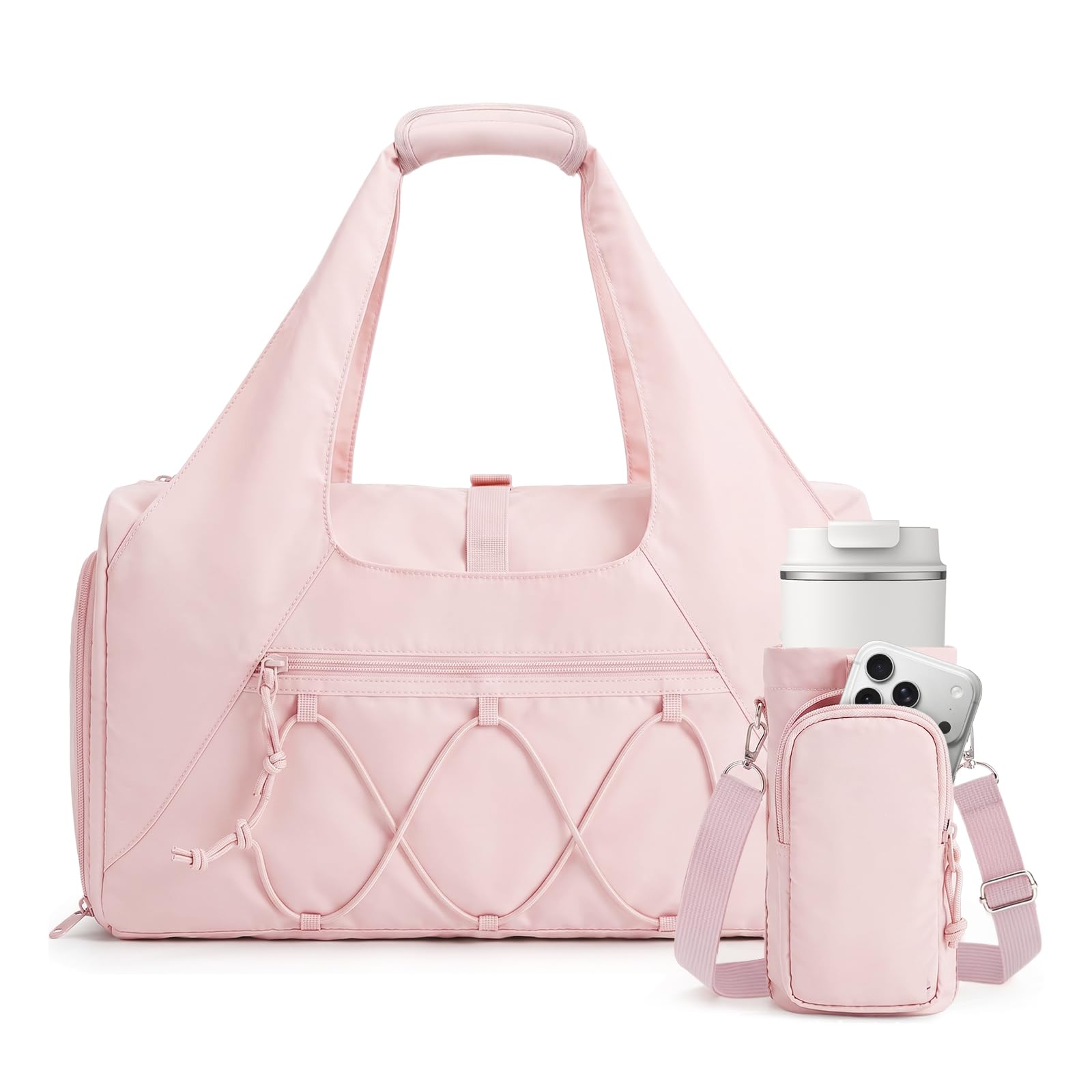 flintronic Sports Gym Bag for Women, Yoga Mat Bag, Travel Duffel Bags with Shoe Compartment and Wet Pocket, Sports Bags with Water Bottle Pouch for Yoga, Gym, Travel, Pink