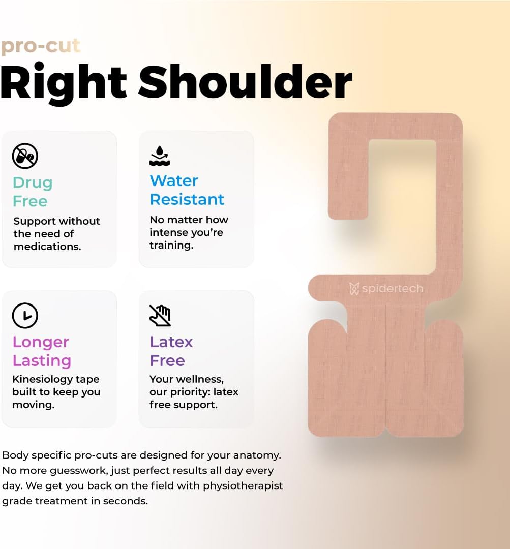 Spidertech Professional Pre-Cut Cotton Kinesiology Tape for Right Shoulder Support - for Athletes, Sports Physiotherapists, and Chiropractors, Pain Relief (Gentle, 4 Pack)