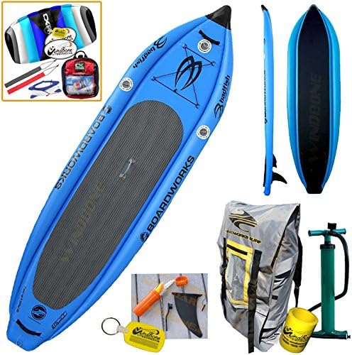 2016 Boardworks Badfish MCIT 10-6 (10' 6") Blue Inflatable Stand-Up Paddle Board and Kite Bundle (5 Items) Includes: CX 1.5M Foil Kite + WindBone Kitesurf Lifestyle Decals + WBK Koozie + WBK Key Chain
