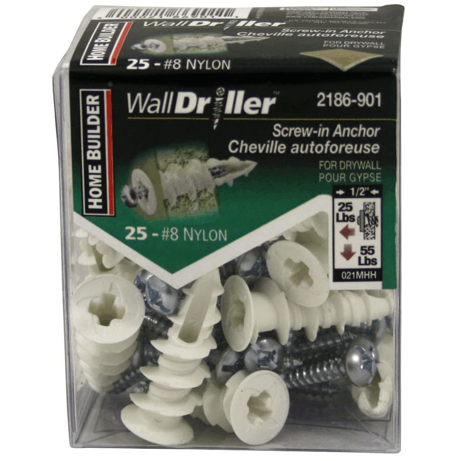 25 Pack #8L Nylon Walldriller Anchors, with Screws