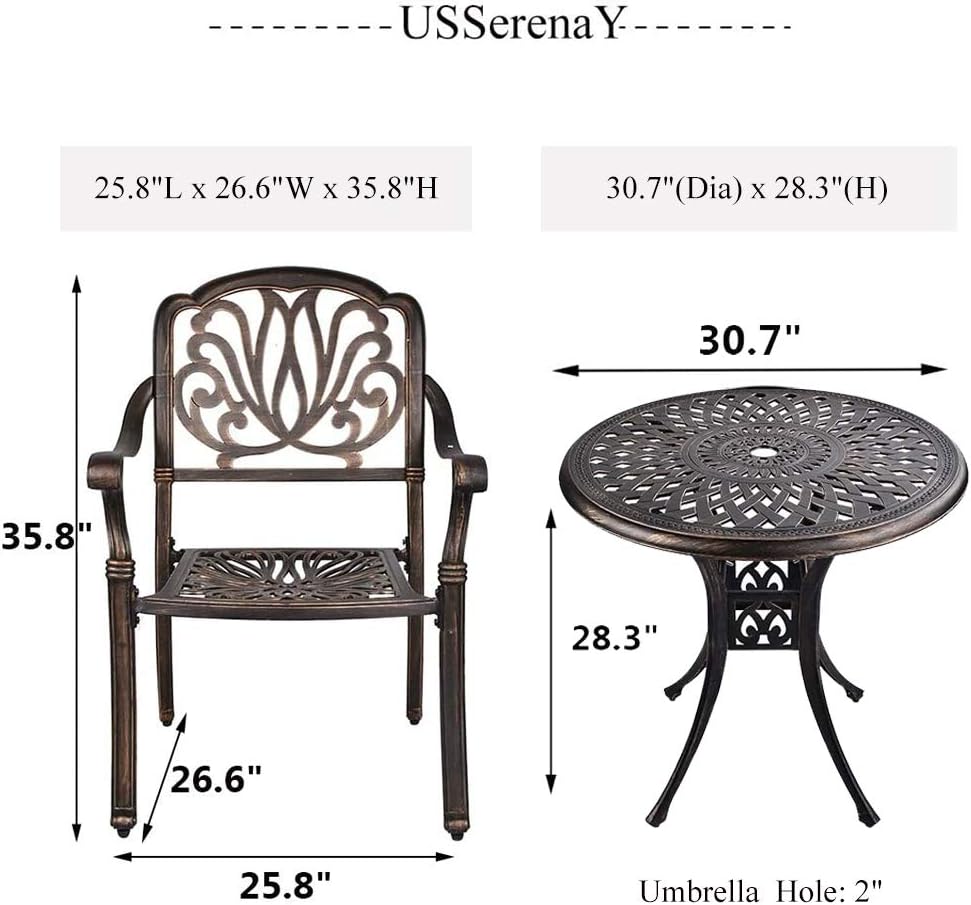 3 Piece Cast Aluminum Bistro Set Outdoor Bistro Table Set Patio Furniture Sets with 2 Arm Chairs, Umbrella Hole, Antique Bronze Finish (2 Chairs + 1 Table Set (Flower Pattern))