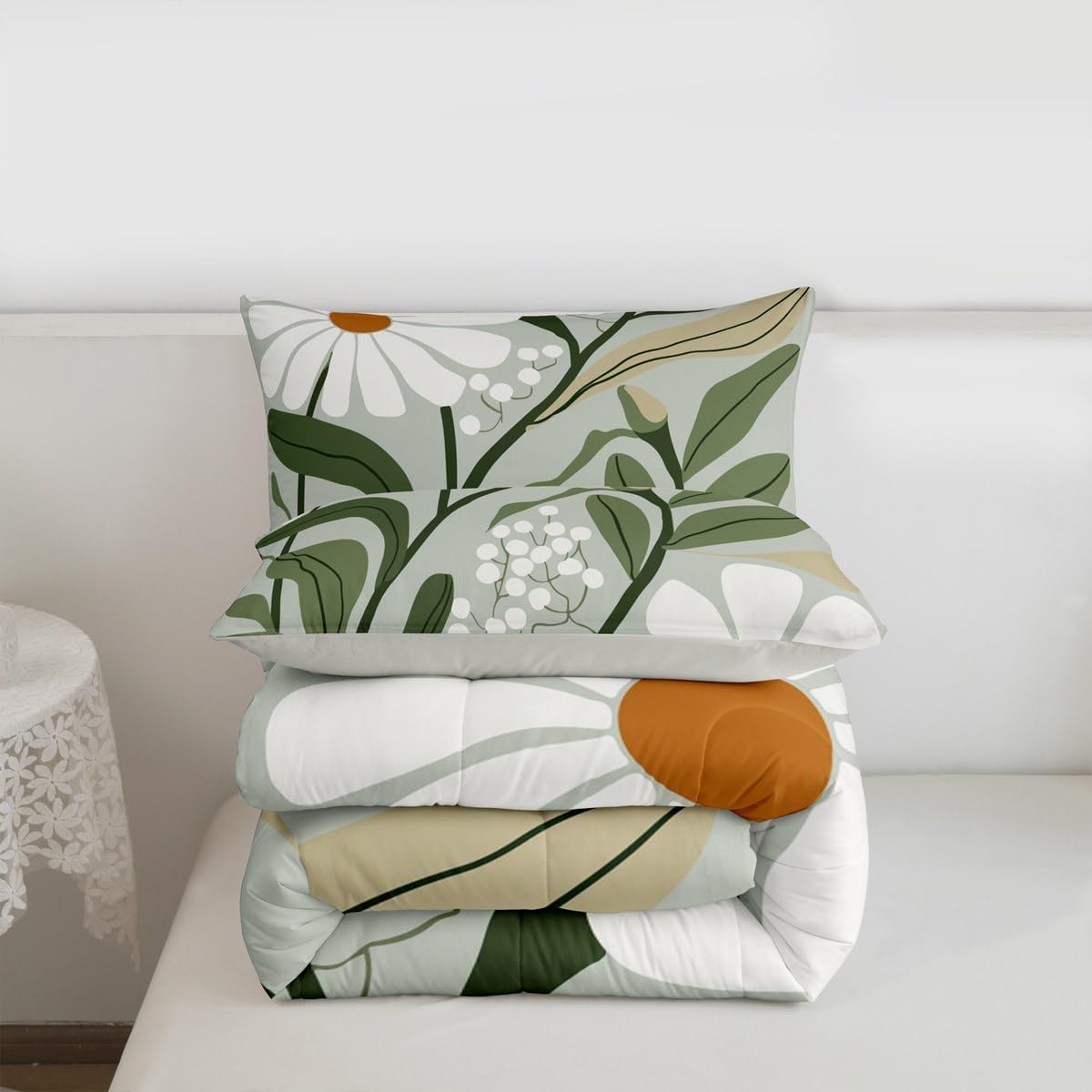 Erosebridal Boho Sage Green Queen Comforter Set, Abstract Geometric Floral Bedding Set for Women Kids Adults Teens Bedroom, Retro Boho Botanical Leaves Comforter, Mid Century Modern Quilt