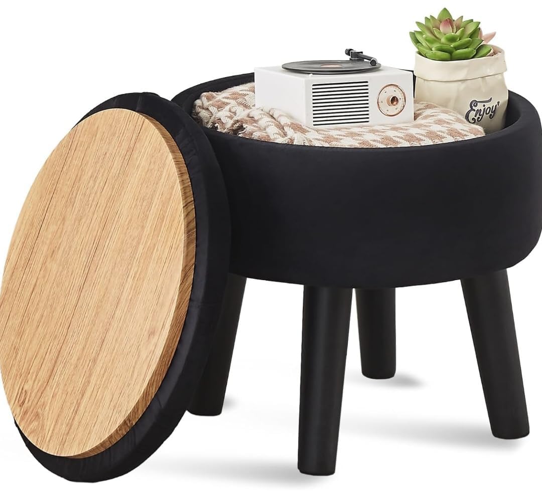 Ottoman Stool for Living Room with Storage Pouffe for Sitting Dressing Table Puffy for Foot Rest Home Furniture Table Mudda Pouf Round Sitting Foot Stool for Office Room Decor (1, Black, Large)-image-43