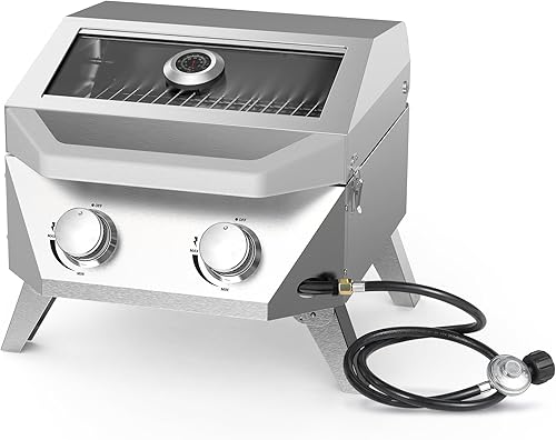 BESTFIRE Parrilla de gas de mesa con 2 quemadores y tapa de vidrio de visión, parrilla portátil de acero inoxidable de 20,000 BTU con termómetro,