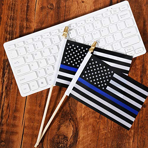 50 Pack Thin Blue Line Police Small Mini American Flag On Stick Police Officer Gifts for Law Enforcement Party Theme Event Decorations
