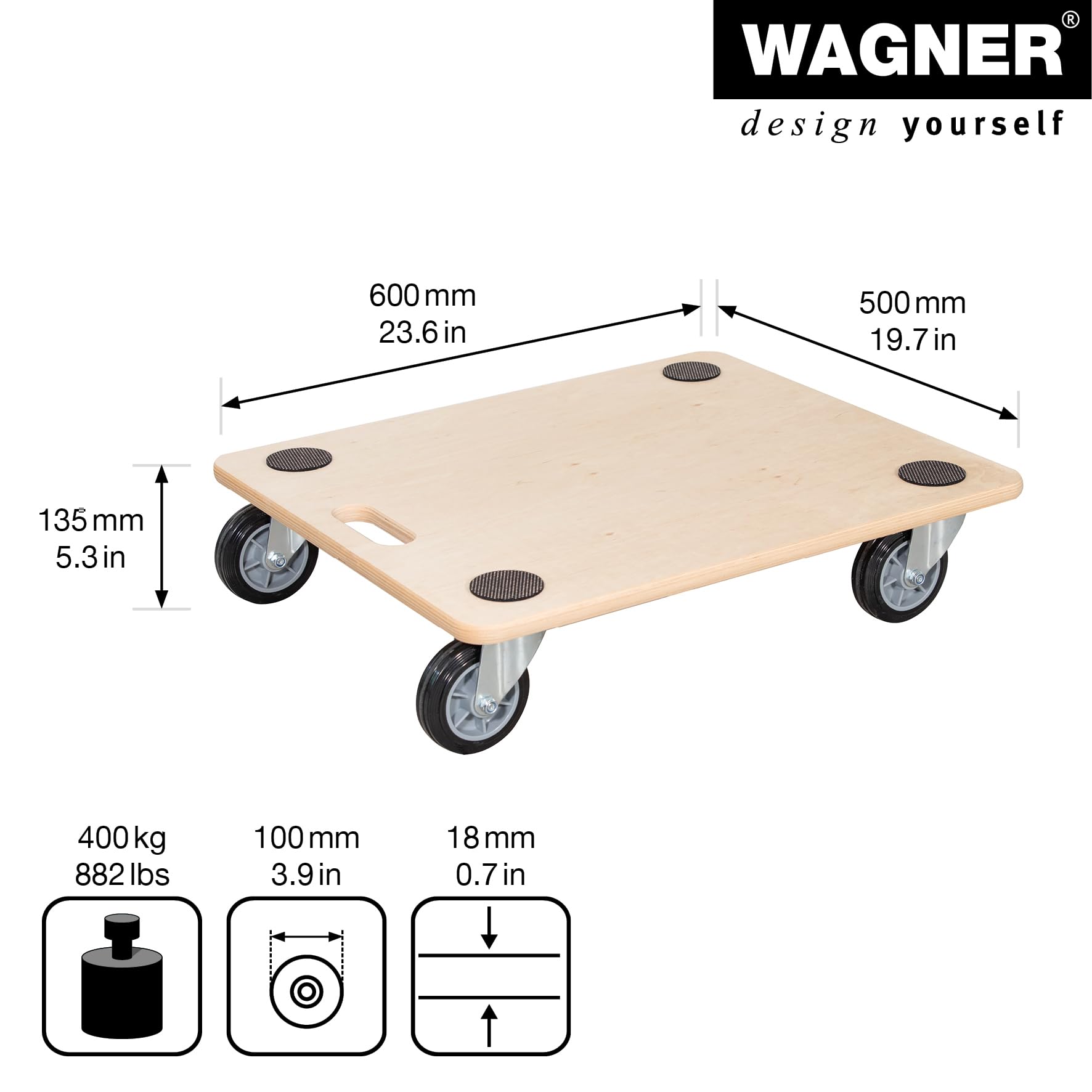 WAGNER Transportroller Transporthilfe 1087 I Schichtholz I 60 x 50 x 13,5 cm, Tragkraft 400 kg I Möbelroller für Umzüge I Schwerlastrollbrett Vollgummi Soft-Rollen I Tragegriff I FSC® I Made in DE