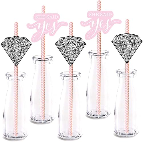She Said Yes - Decoración de pajilla, paquete de 24 decoraciones de fiesta de compromiso de diamantes para boda, fiesta de despedida de soltera,