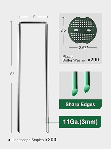 Miniatura 2 de GROWNEER Juego de grapas de paisaje, 200 grapas de jardín galvanizadas de 6 pulgadas y 200 juntas, estacas de tienda de campaña en forma de U,