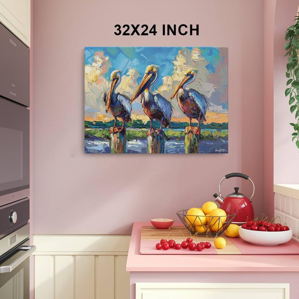 ParagonDecor Pelicans Perched on Pier Posts Design 1 Canvas Wall Art Picture Prints Artwork Framed For Living Room Wall Home Decor Gifts For Family Art Easy Hanging