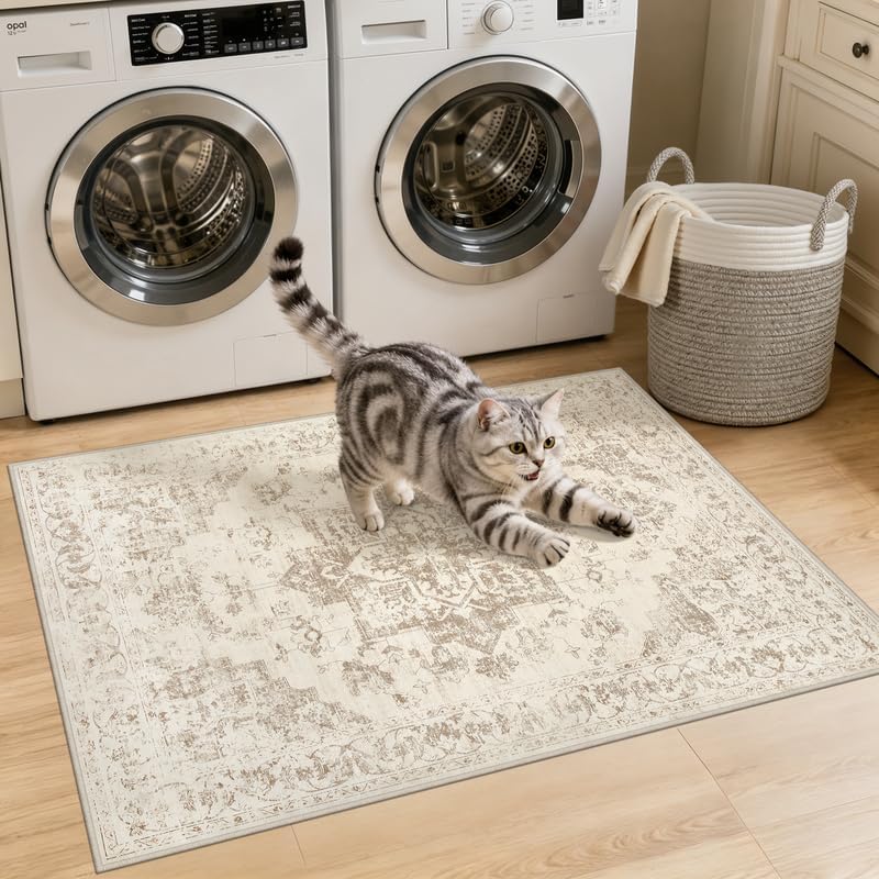 Washable Area Rugs 2x3: Living Room Bedroom Carpet Beige/Ivory | Vintage Boho Indoor Decor Soft Small Entryway Throw Neutral Kitchen Bathroom Laundry Floor Non-Slip Low Pile Entrance Rug thumbnail