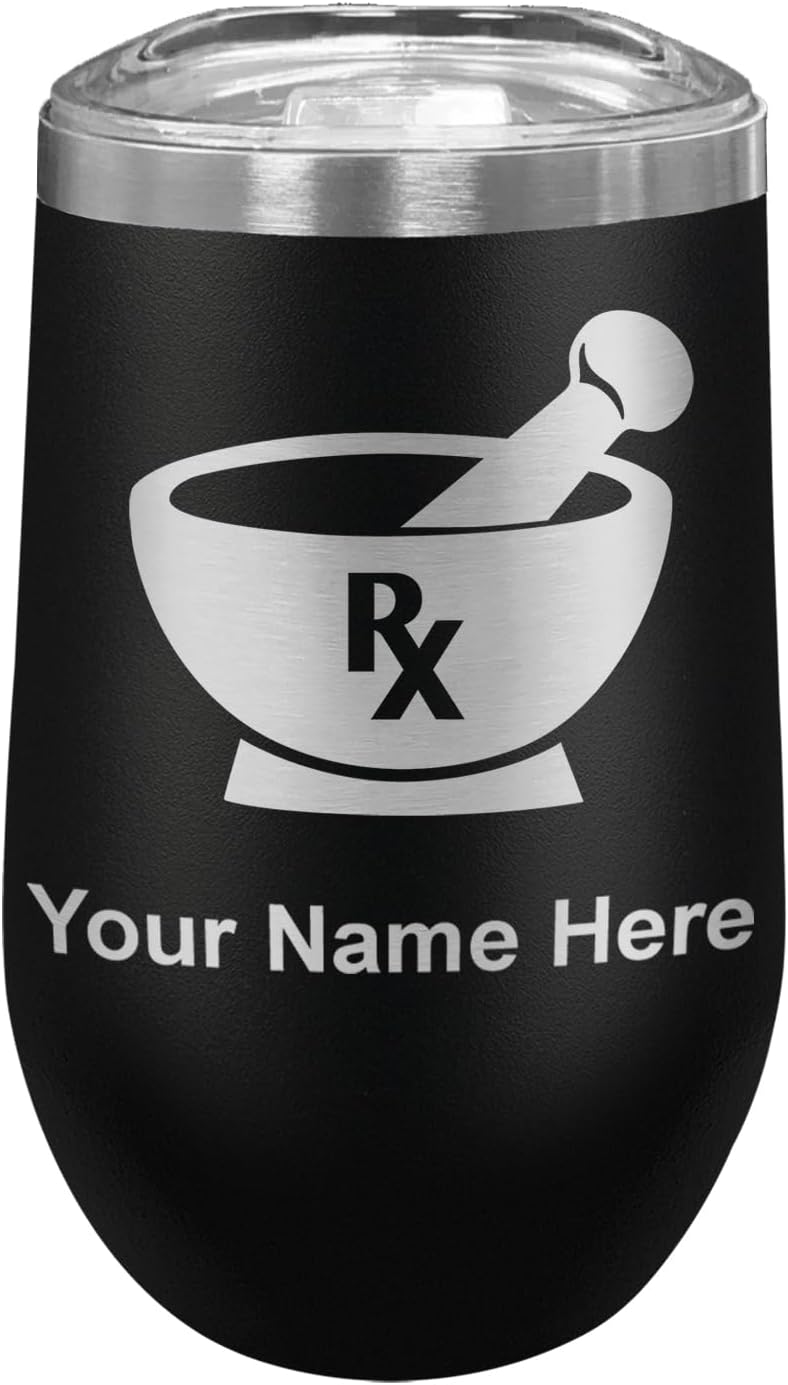 LaserGram 16oz Double Wall Stainless Steel Wine Glass Tumbler, Rx Pharmacy Symbol, Personalized Engraving Included (Black)