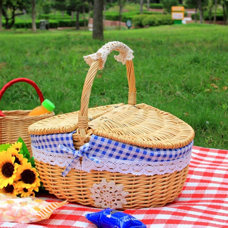 Outdoor Picnic Basket Rattan Willow Flower Basket Shopping Hotel Cleaning Tools Basket Rustic Basket with Lid (blue)