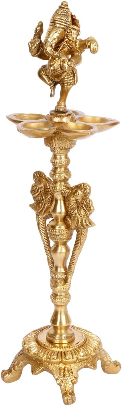 Kartique Brass Oil Lamp Diya with Ganjesh Ji and Four Deepam for Temple Home Décor with Stand
