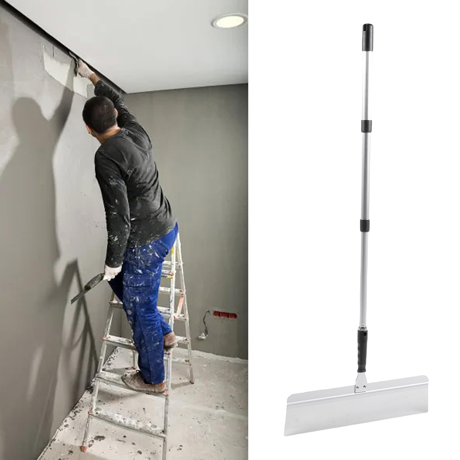 Herramienta de Nivelación de Pisos de 20 Pulgadas, Escobilla de Goma de Acero Inoxidable para Pisos |Cuchillas Intercambiables, Servicio Pesado con Poste Telescópico, Paleta de Concreto