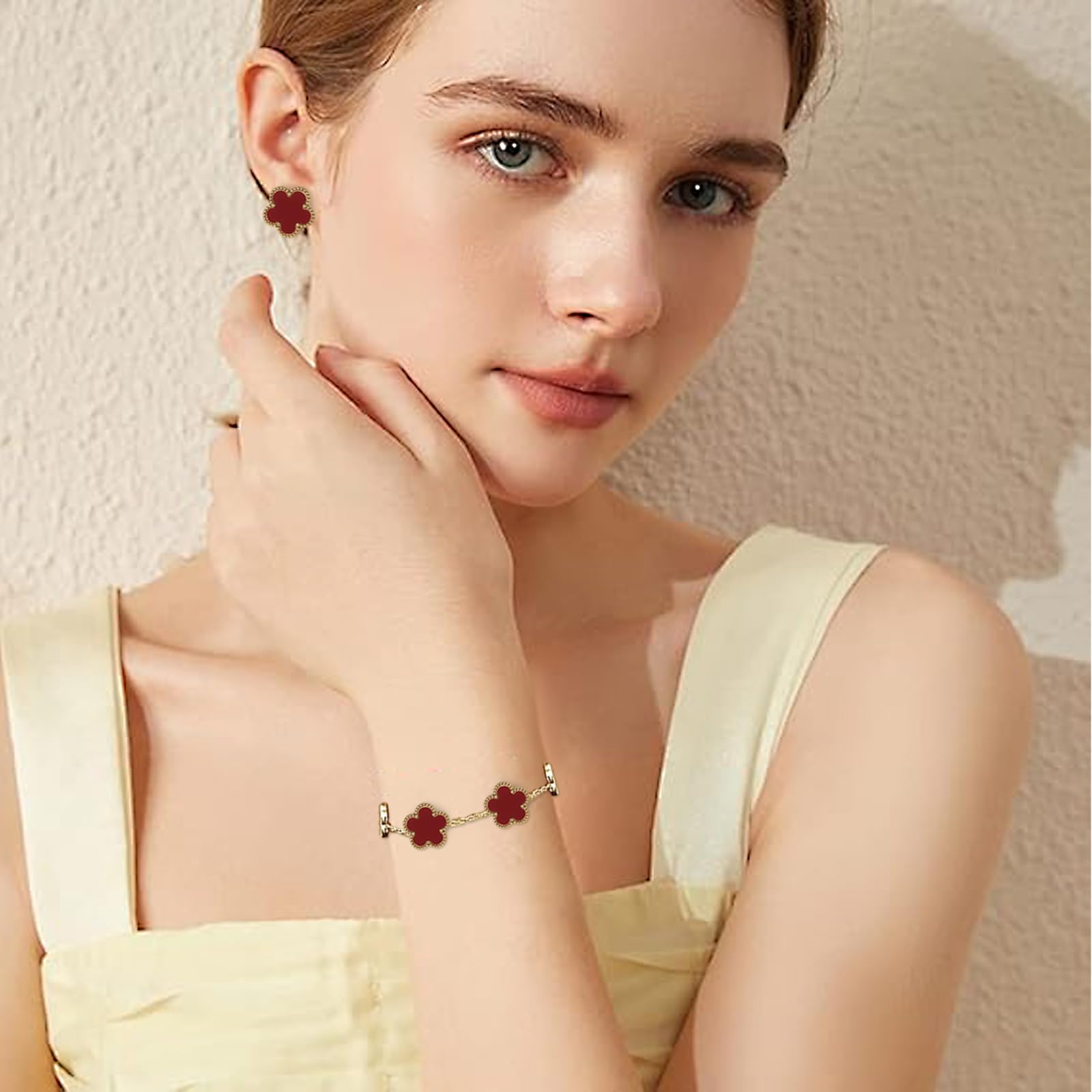 3 PCS Conjunto de Joyas para Mujer con Trébol de Cuatro Hojas, 18K Oro Plateado Acero Inoxidable Trébol de Cuatro Colgante Collar Pendientes Pulsera ,Collar de la Suerte Antialérgica para Mujer Niña