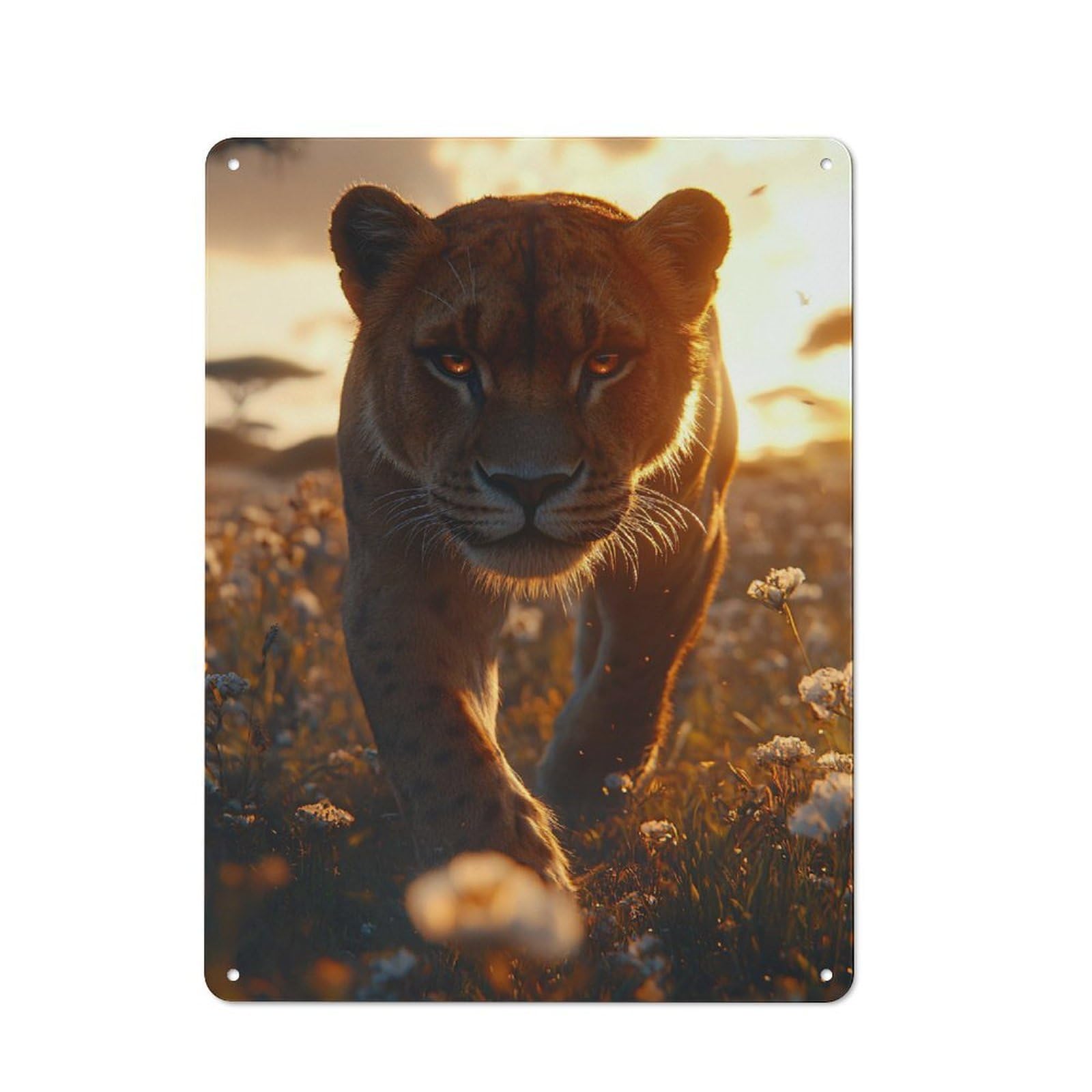 Junmoney Style-18 Lioness Walking Through Field At Sunset Rustic Metal Plaque 40X30cm For Living Room Or Hallway, For Garage, Workshop And Man Cave Decoration