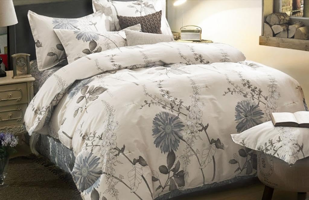 Full / Queen 100-percent Cotton Comforter Set with Grey White Floral Branch Pattern