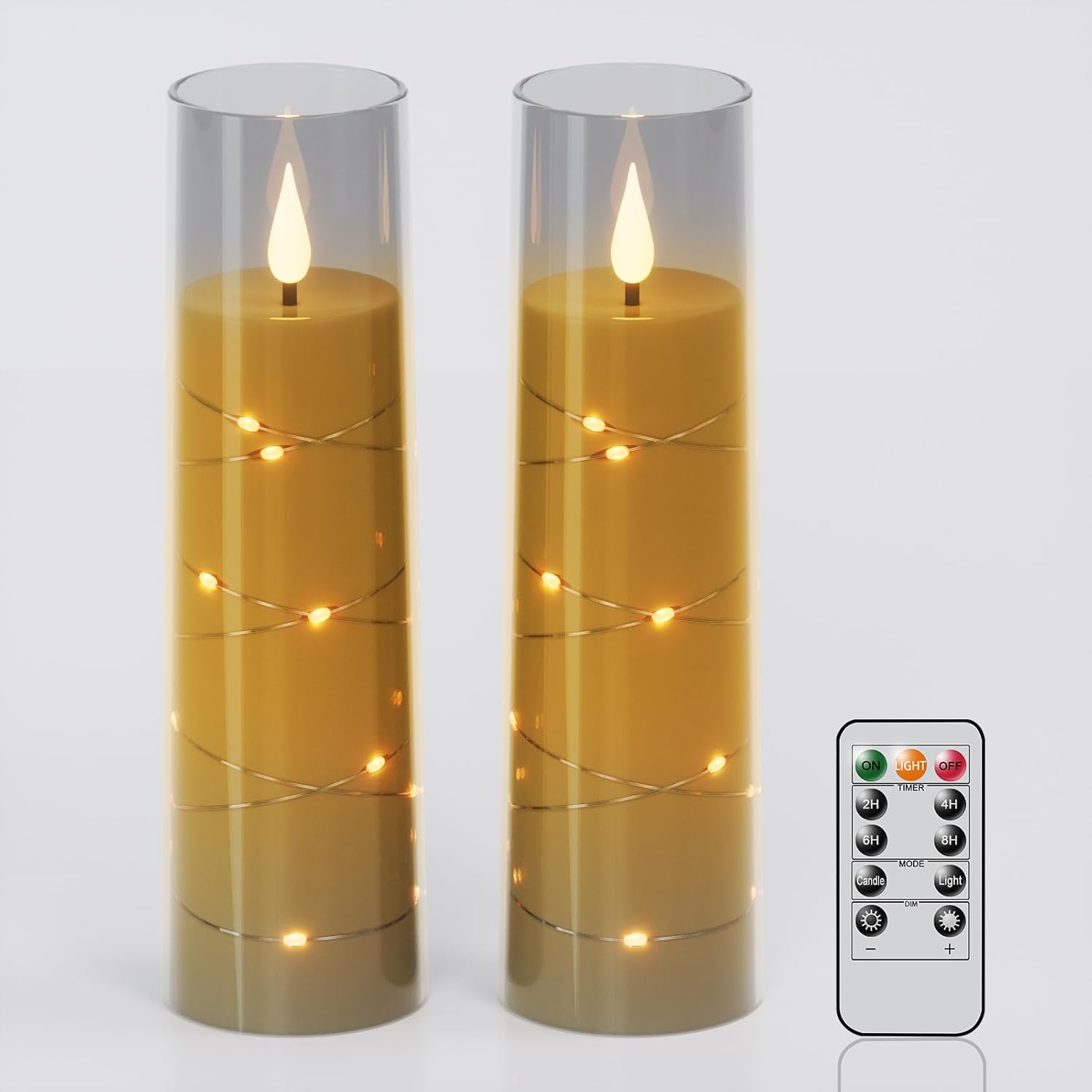 GenSwin Flameless LED Candles with Remote Timer, 2 Pack Flickering Battery Operated Pillar with Embedded Star String for Fall Halloween Christmas Wedding Decor (D2.3" x 8")