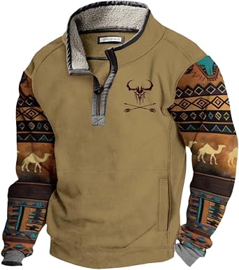 Zhyaj Western Jacket for Men Aztec Graphic Quarter Zip Stand Collar Cowboy Bull Head Print Pullover Fleece Sweatshirts
