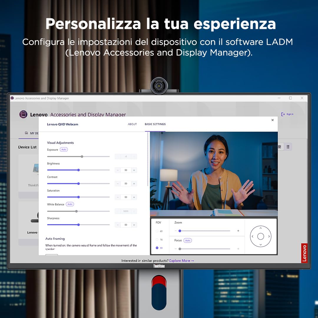 Lenovo QHD Webcam, webcam QHD per PC e notebook per videochiamate e smart working, plug and play per meeting online