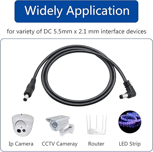 Miniatura 4 de Cable de extensión de alimentación de 3.3 pies CC de 12 V, ángulo recto de 90 grados, 0.217 in x 0.083 in, enchufe adaptador de corriente macho a