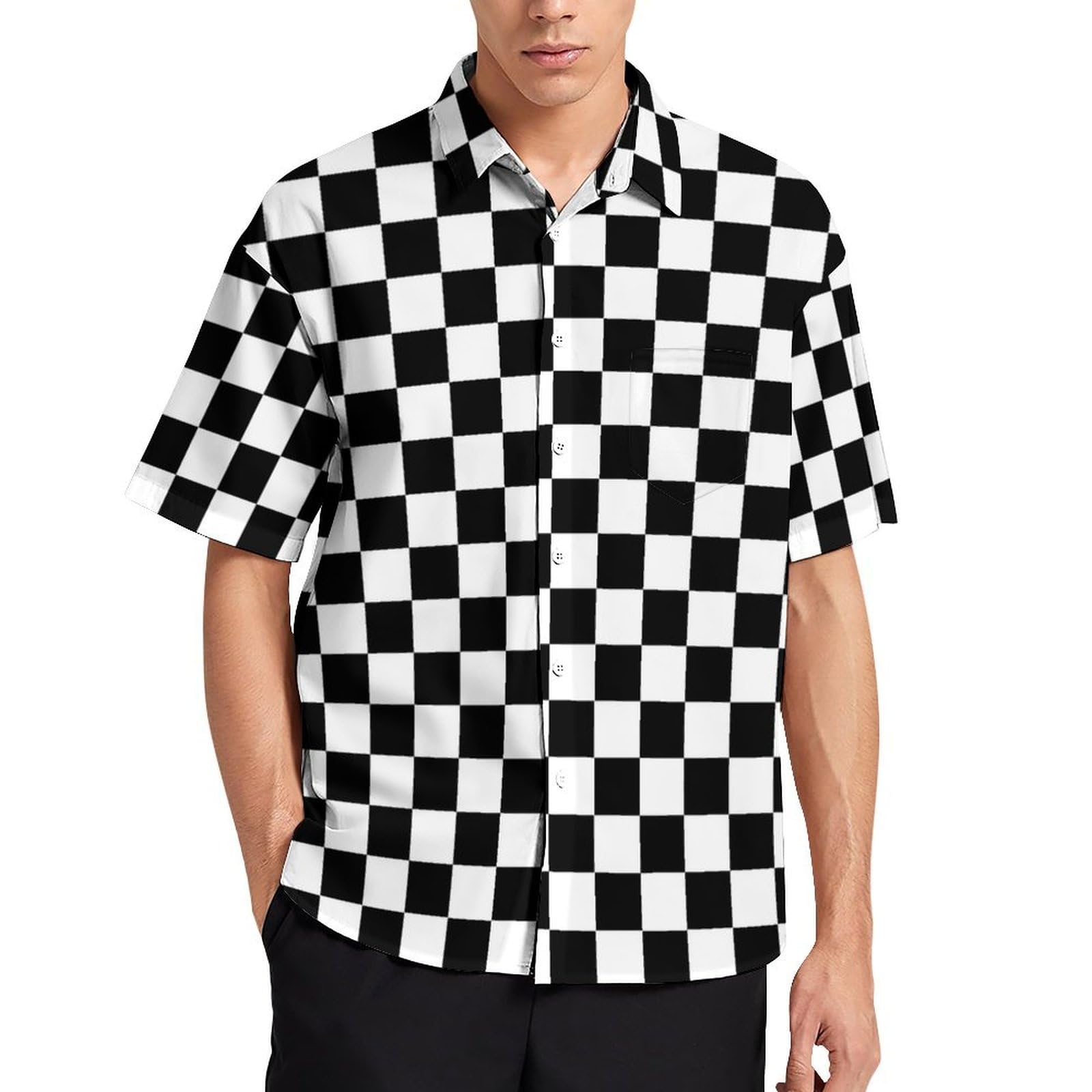 Lurhonp Men's Black White Checkered Hawaiian Shirts Casual Short Sleeve Button Down Tropical Beach Shirt, Xxxxl