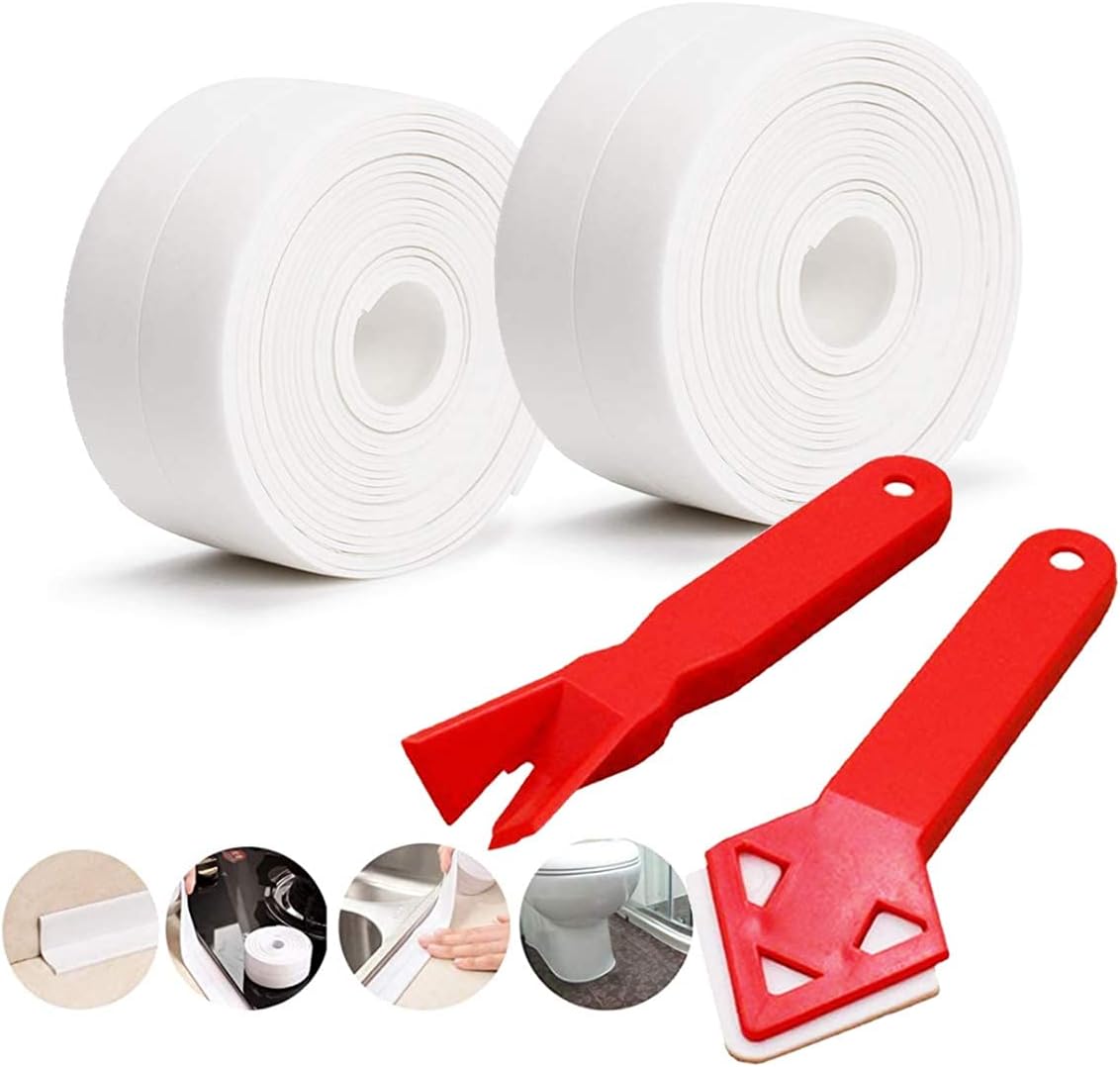SNAILGARDEN 2 Roll White Caulk Strip, 1.5" x 10.5Ft Self Adhesive Caulk Tape with 2 Pcs Caulking Tool, Waterproof Caulking Sealing Tape for Kitchen Toilet Bathroom Bathtub Sink Basin Edge Protector