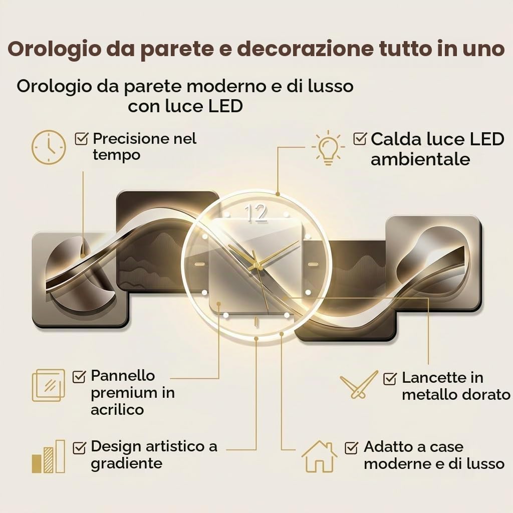 Orologio da Parete LED 3D Grande, Design Moderno Silenzioso senza Ticchettio, Decorazione Murale in Acrilico per Soggiorno Camera Cucina