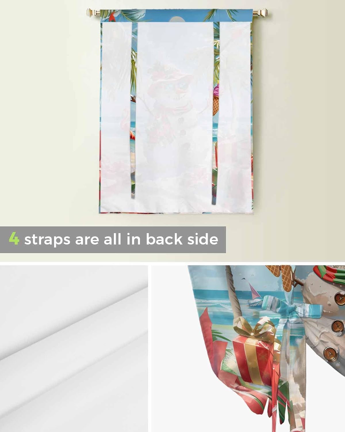 Christmas Snowman Tie Up Curtain for Window Blackout Balloon Valance Curtain for Bathroom Winter Beach Ocean Poinsettia Flamingo Adjustable Window Shade for Kitchen Living Room Bedroom 52"Wx63"L