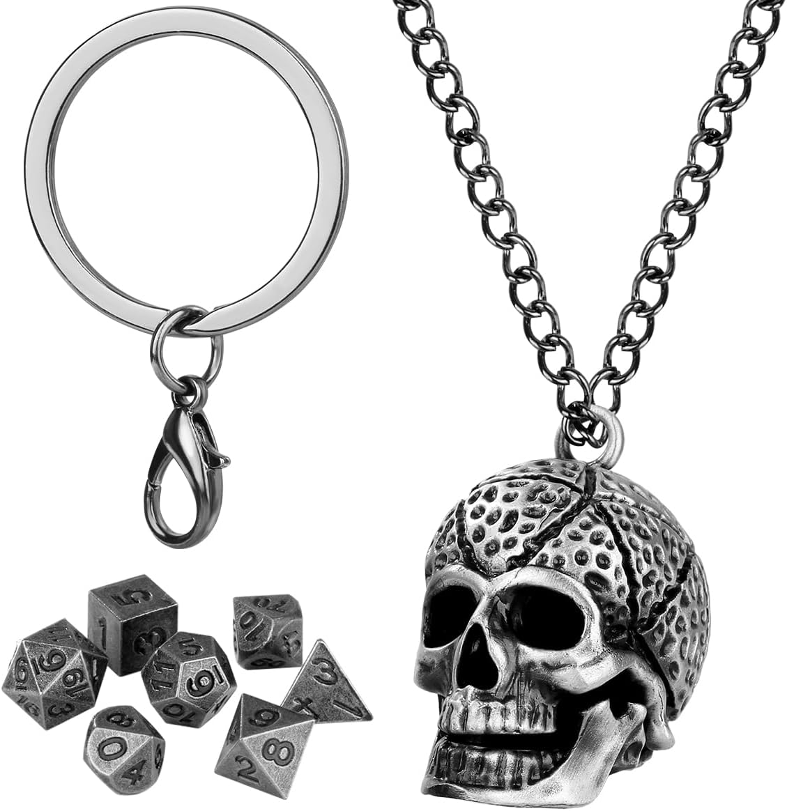 Keller & Weber Mini DND Dice Set with Skull Head Metal Cage Portable Keychain Necklace, Tiny 7pcs Polyhedral D&D Dice Set