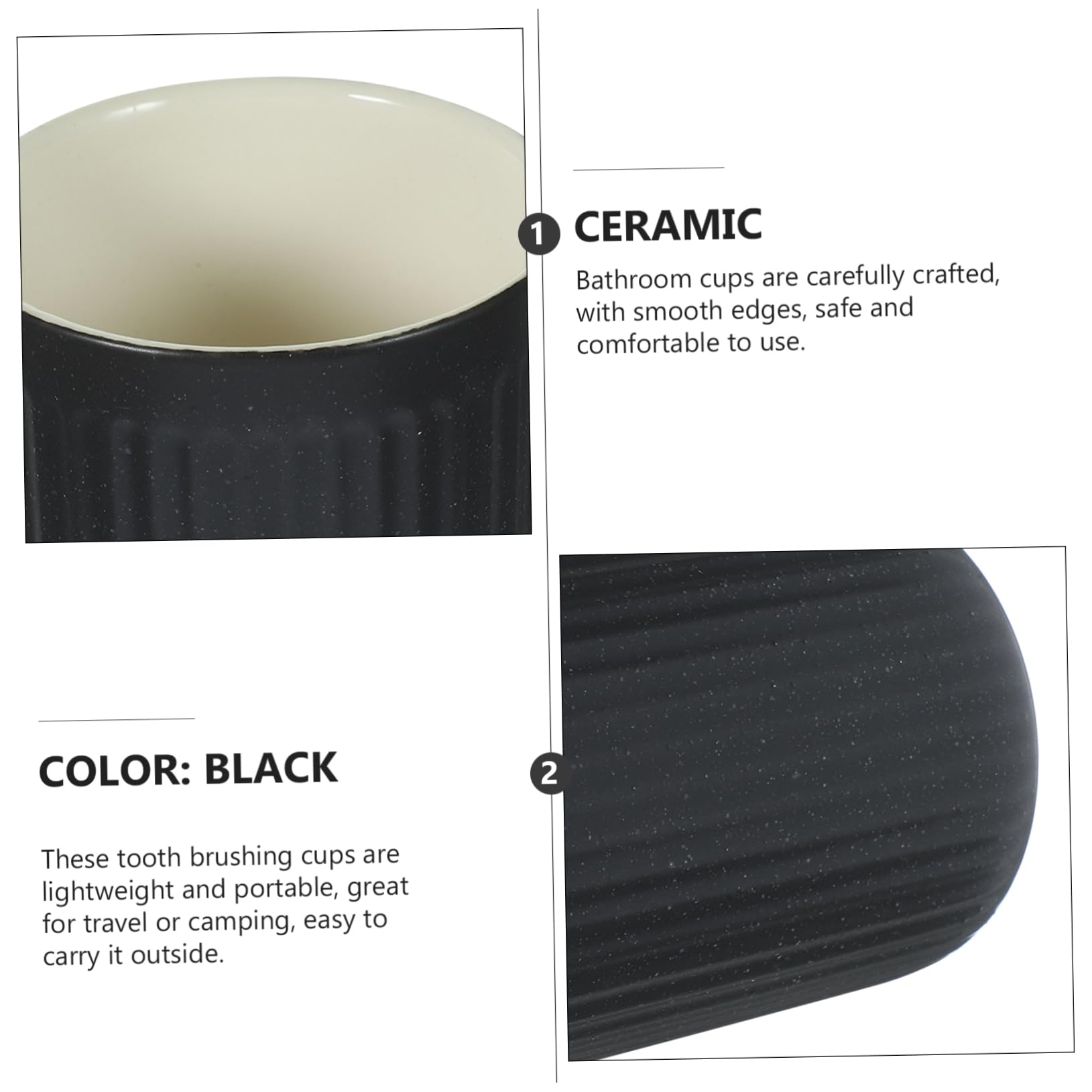 Happyyami 2 Vasos de Cerámica Negra de 300ml para Cepillos de Dientes y Enjuague Bucal, Reutilizables y Cómodos para Camping y Viaje