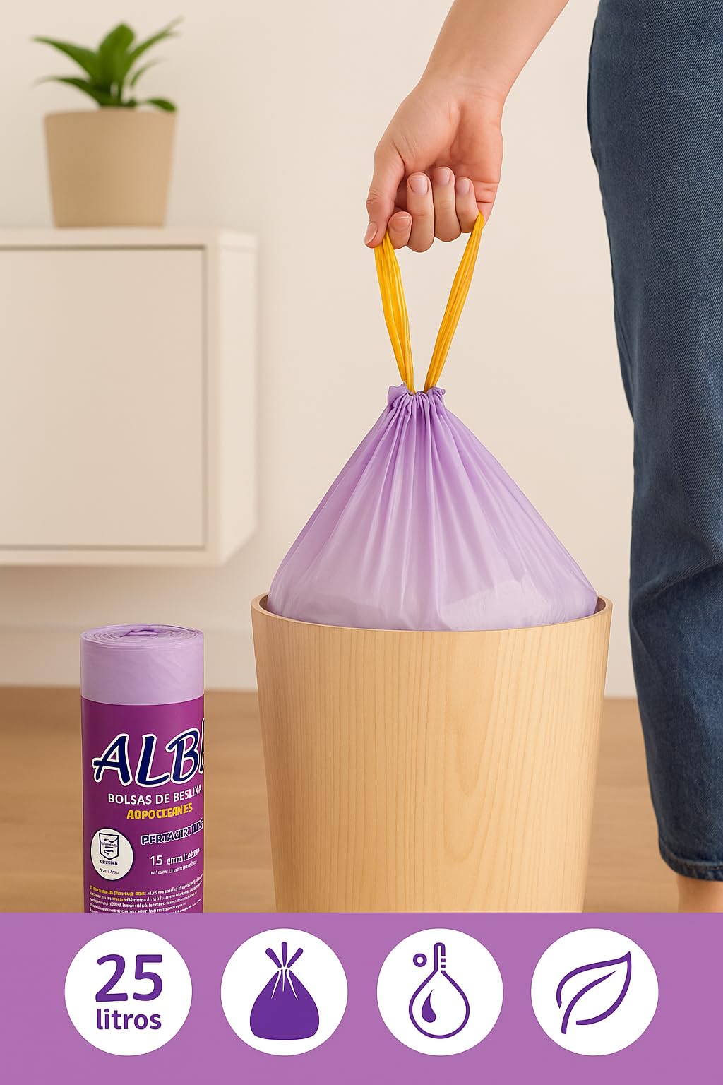 40 rollos de bolsas de basura perfumadas 25L (55x60 cm) | 15 uds por rollo | Autocierre fácil, multicapa y antigoteo para hogar