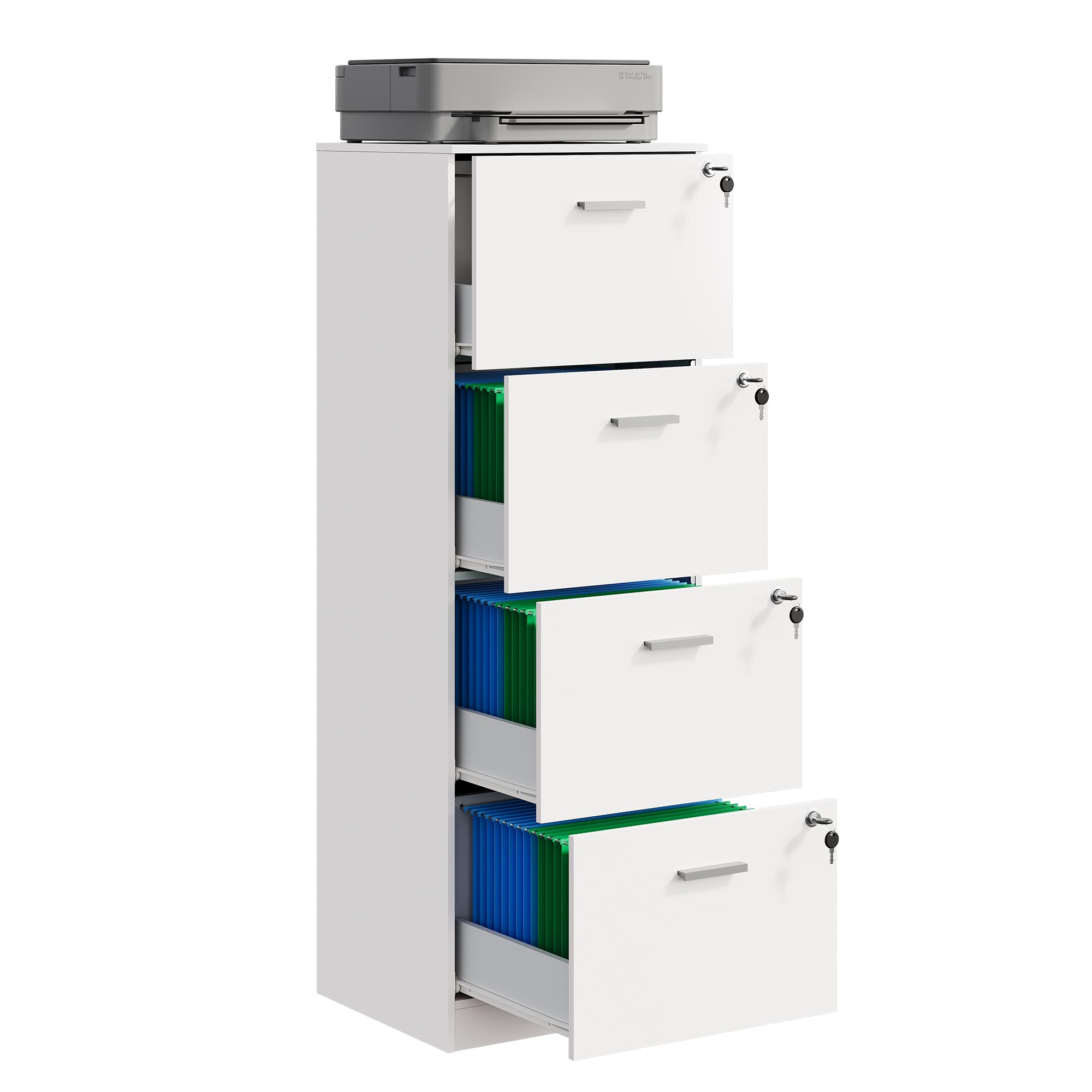 DEVAISE 4 Drawer Vertical File Cabinet, Wood Filing Cabinet with Lock, Home Office File Storage Cabinet for Letter and A4 Size, Printer Stand, White