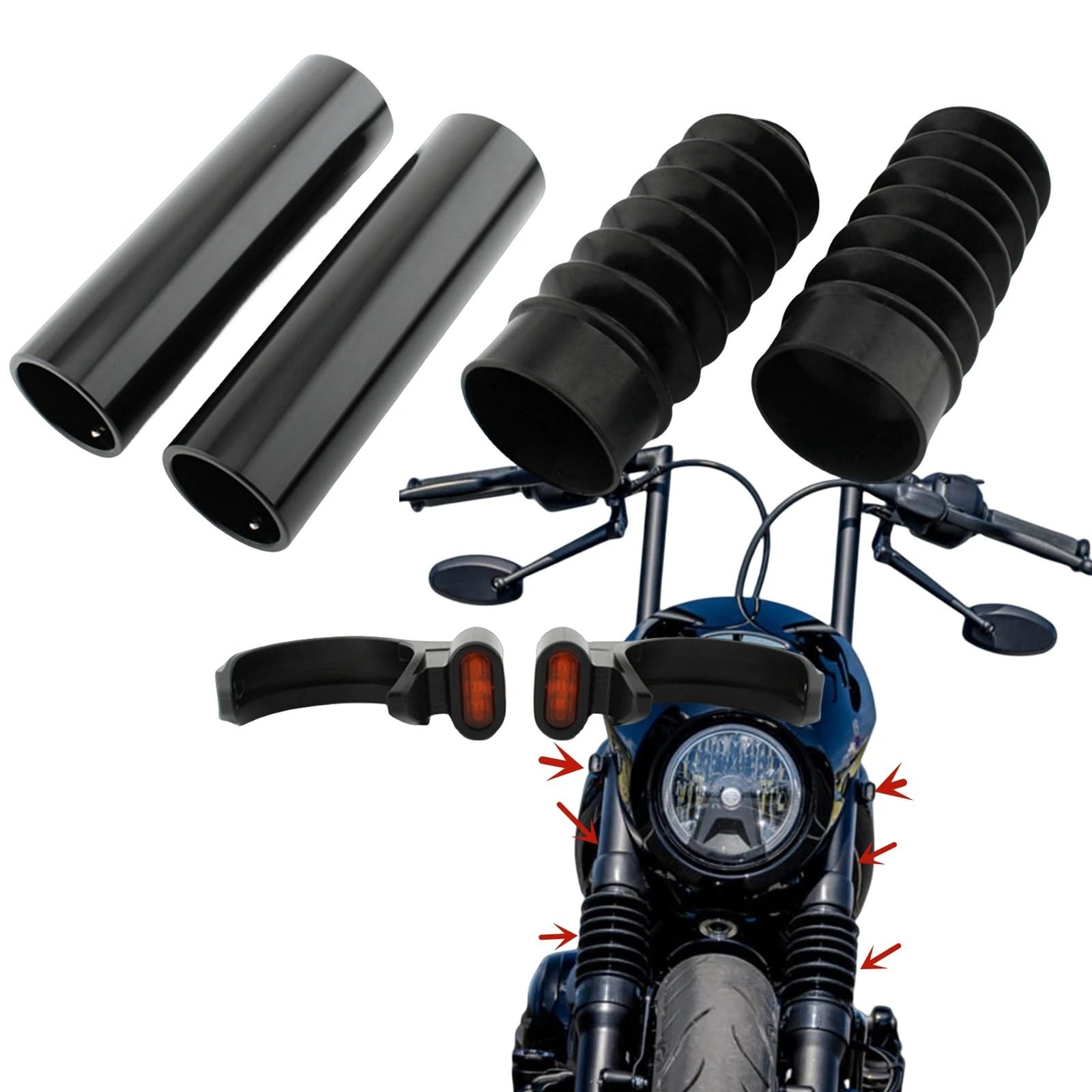 Pasuje do Harley Nightster 975 RH975 2022-2023 Motocykl Przedni widelec Amortyzator Gumowe osłony przeciwpyłowe + światło kierunkowskazu osłona amortyzatora widelca Widelce motocyklowe(Smoked Black)