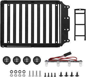INJORA Roof Rack Luggage Carrier with LED Spotlights and Ladder Accessory for TRX4M Bronco Defender 1/18 RC Crawler Car Upgrade