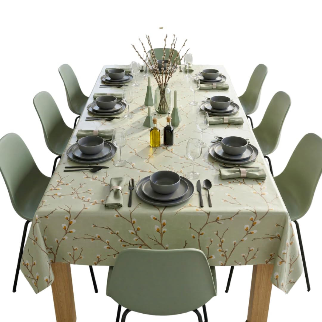 Jolee Tablecloths Wipe Clean PVC Tablecloth 140cmx200cm-Outdoor/Indoor Table Cloth Protector, Waterproof Summer Design, Easy Care Table Cover (Sage Green Pussy Willow)