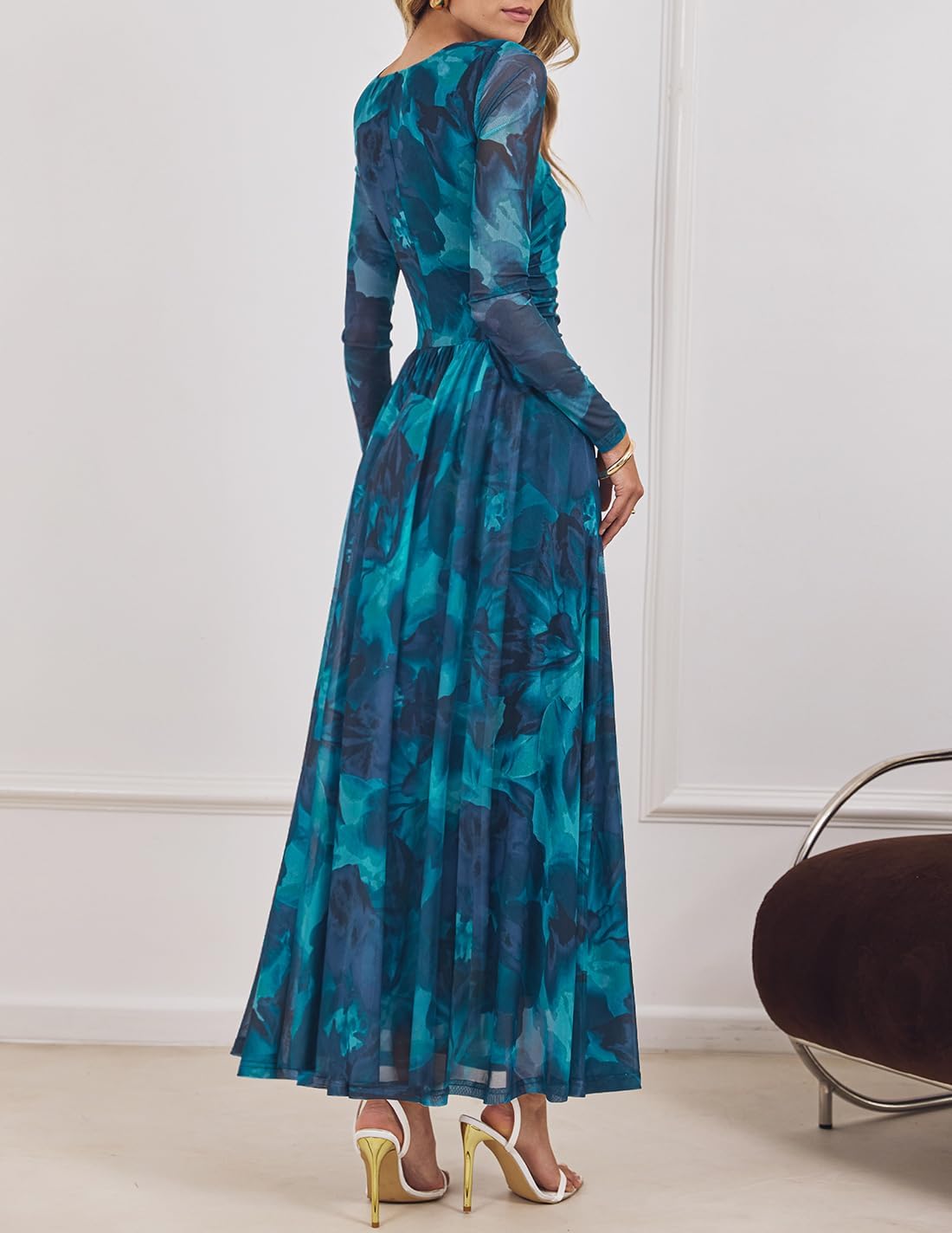 ZESICA Women's Maxi Dress 2026 Spring Long Sleeve Crewneck Floral Print Mesh Ruched Party Wedding Guest Dresses - Image 4