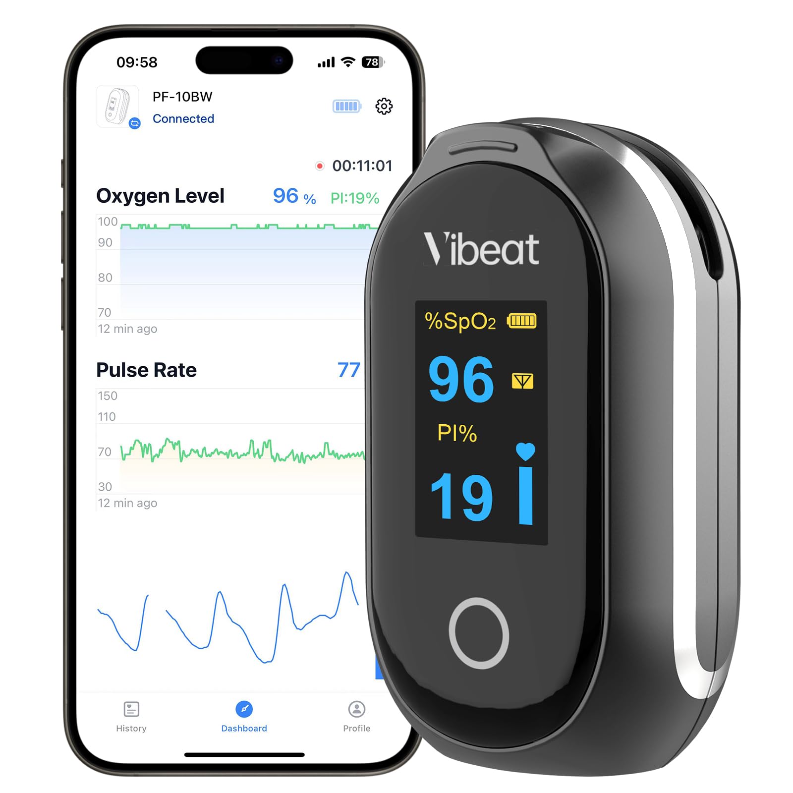 Vibeat Schlaf Bluetooth Pulsoximeter mit Dauermodus, Wiederaufladbares Sauerstoffsättigungs messgerät für Finger mit 8*10 Std Datenaufzeichnung, Blutsauerstoffmessgerät Finger mit Auto Datensynchron