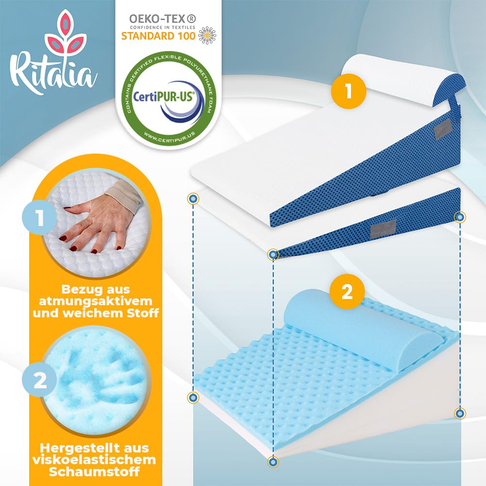 Ritalia® Keilkissen 3 Höhen 60x60x30 cm | Rückenkissen Bett und Venenkissen | Ergonomisches Sitzkissen Bett mit Rückenstütze, Ideal als Wedge Pillow für Schlafen und Erhöhung der Matratze