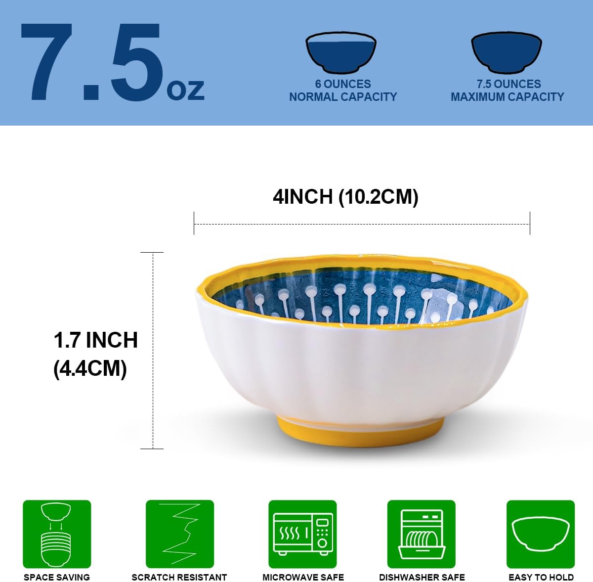 Yeacccng Bundle-3 items Pasta Bowls Set of 4, Soup Bowls with Handles, Small Bowls Set of 6, Scratch-Resistant, Lead-Free, Dishwasher & Microwave Safe, Easy Clean