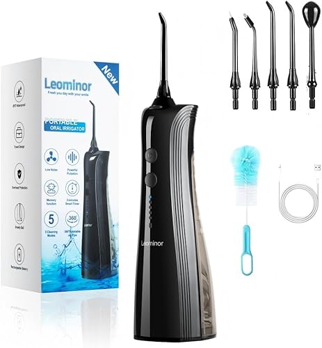 Leominor Irrigador dental de agua 5 modos de irrigador oral portátil inalámbrico, IPX7 impermeable, limpiador de dientes recargable, tanque
