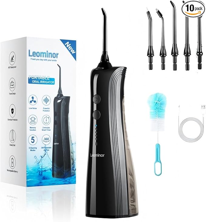 Leominor Water Dental Flosser - 5 Modes Cordless Por...nk Professional Flossing Cleaning Pick for Home Travel (Black)