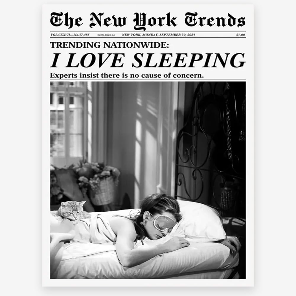 KTSIM Funky Fashion Woman I LOVE SLEEPING Newspaper Poster For Preppy Girly Dorm Room Bedroom Wall Decor-Trendy Luxury Feminist Black And White ArtPictures Canvas Prints
