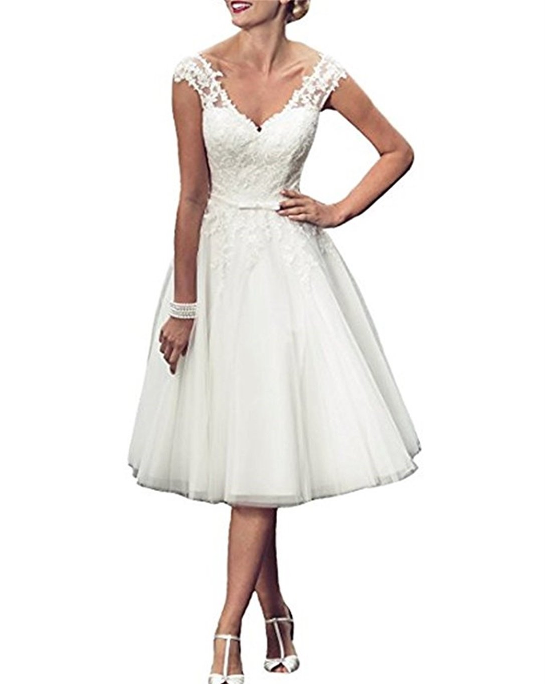 ANJURUISI Women's Elegant Beaded V Neck Tea Length Wedding Dresses Bridal Gown