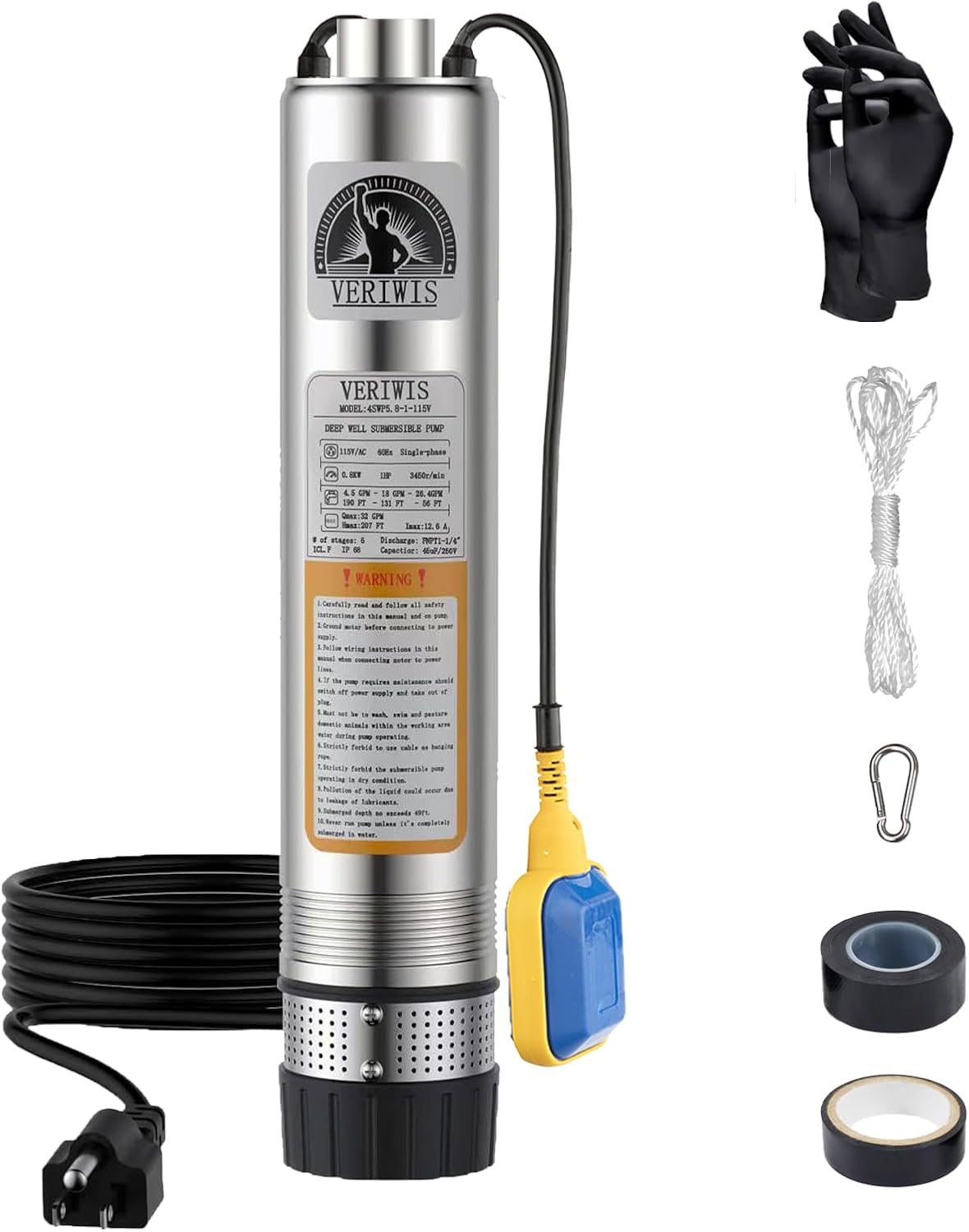 3/4HP Submersible Septic Tank Pump 4" Stainless Steel Effluent Cistern Pump 32GPM 174FT Head with 33FT UL Cord and Float Switch 115V 60Hz for Home Deep Well, Irrigation, Drainage