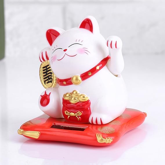 Maneki Neko Solar Powered Lucky Cat, White Plastic Waving Fortune Statue, Chinese Japanese Style Beckoning Decor for Car, Home, Office