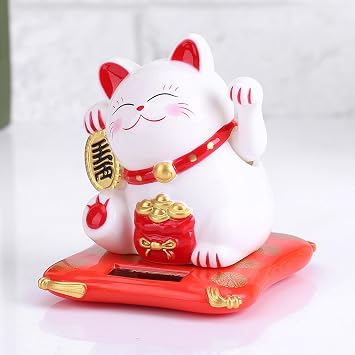 Maneki Neko Solar Powered Lucky Cat, White Plastic Waving Fortune Statue, Chinese Japanese Style Beckoning Decor for Car, Home, Office