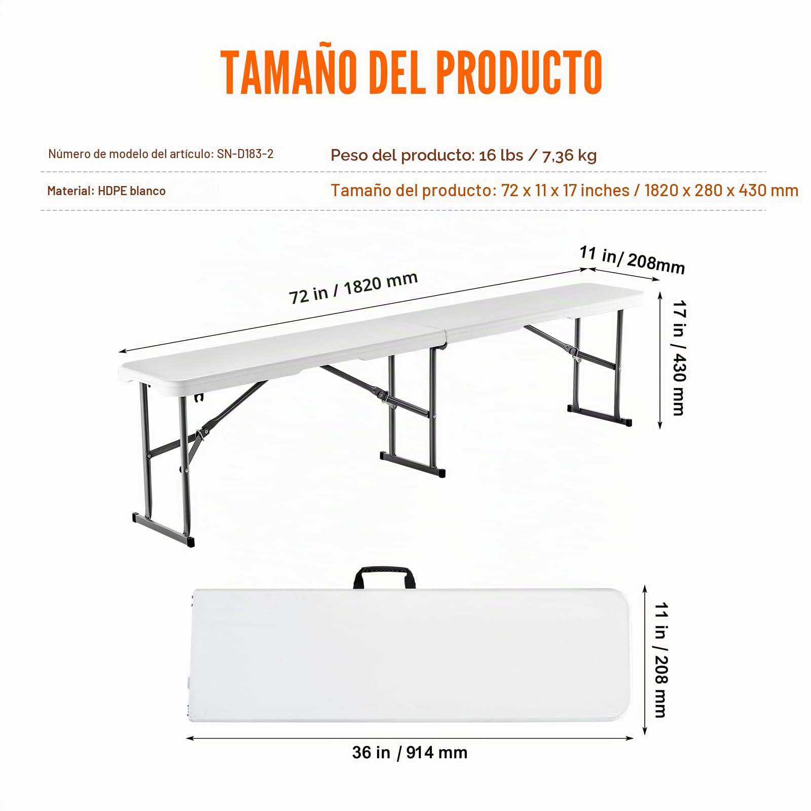 VEVOR Banco Plegable de Plástico Portátil de 183 mm, Banco de Exterior Impermeable de HDPE, Asiento de Comedor para Pícnic y Camping con Asa de Transporte, Blanco, 1820 x 280 x 430 mm, 2 Unidades