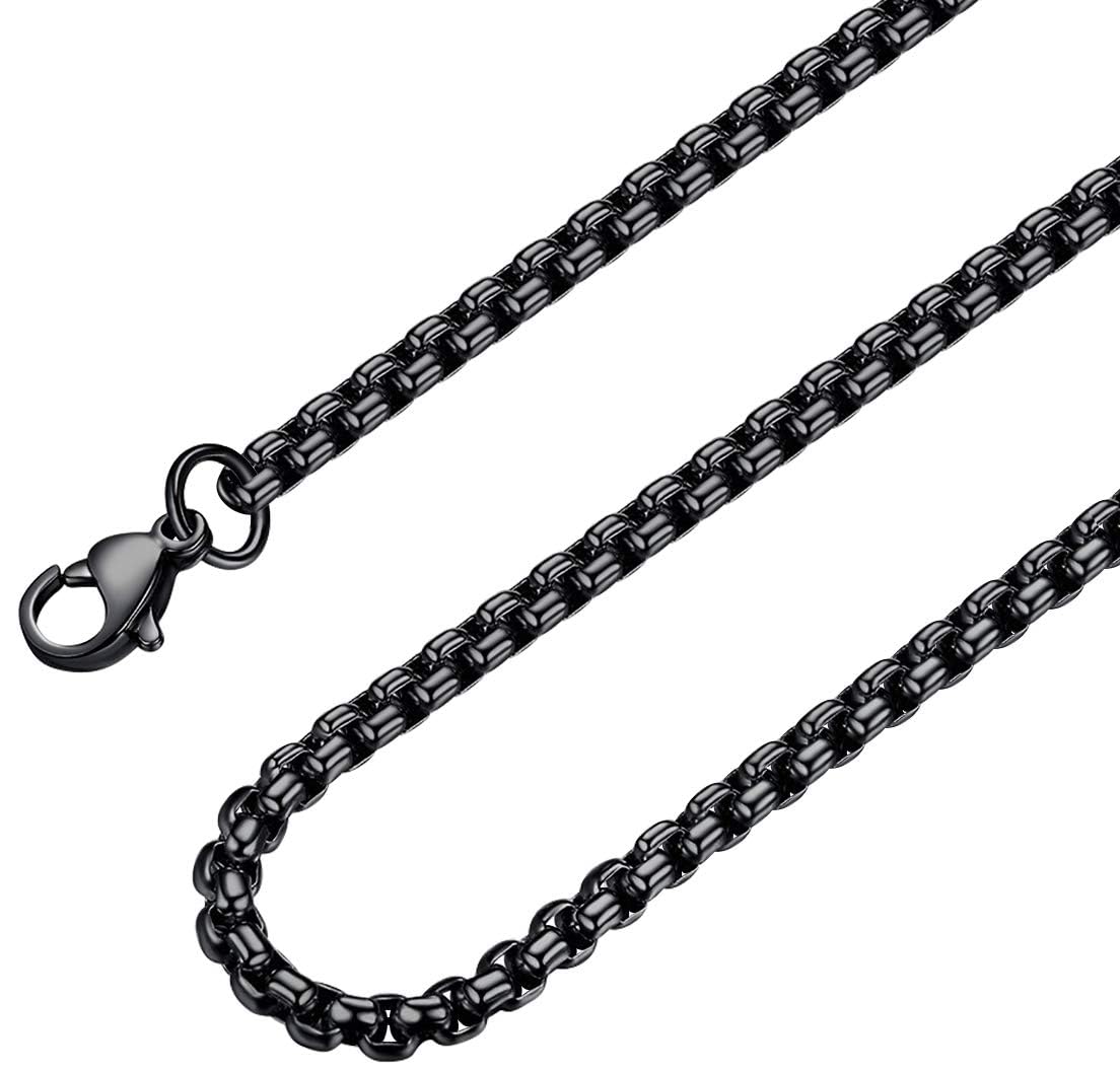 Black Square Rolo Chain Stainless Steel Round Box Chain Necklace